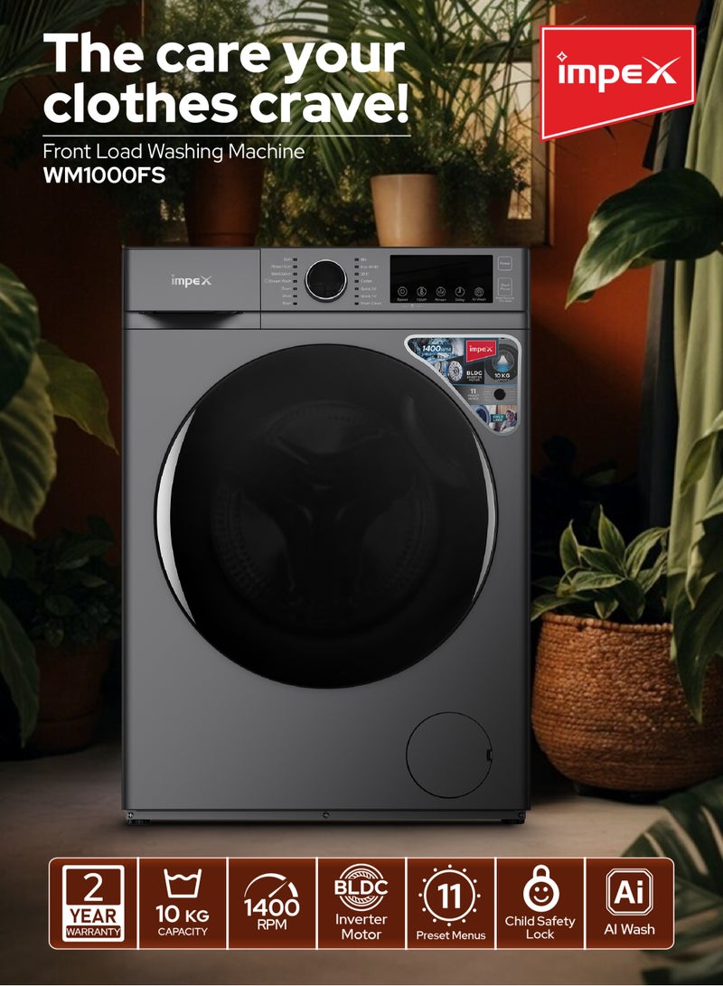 10 Kg Front Load Washing Machine | BLDC Inverter Motor | 1400 RPM | AI Wash | 11 Preset Menus | LED Display | Child Lock | Temperature & Speed Control | Status Indicator | 64L Drum Volume | Waterproof Glass - 64 L 150 W WM1000FS Grey