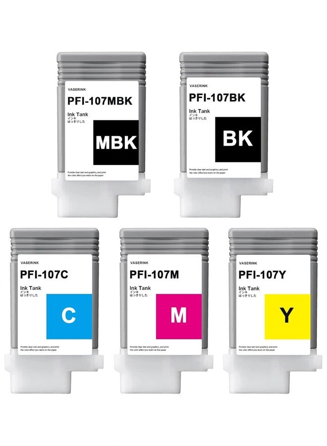 Canon PFI-107 Printer Ink Cartridges|Set of 5 x 130ml ink tanks 130ml Tank Compatible with imagePROGRAF IPF 770/ iPF680/685/780/785 Printers (PFI-107 Set of 5) Matte black,Black, Cyan, Yellow, Magenta - Image 1