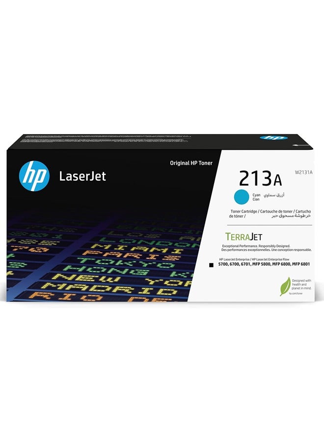 HP 213A Cyan Original LaserJet Toner Cartridge, W2131A. Works with HP LaserJet Enterprise 5700, 5800, 6700, 6701, 6800, 6801 Cyan - Image 1