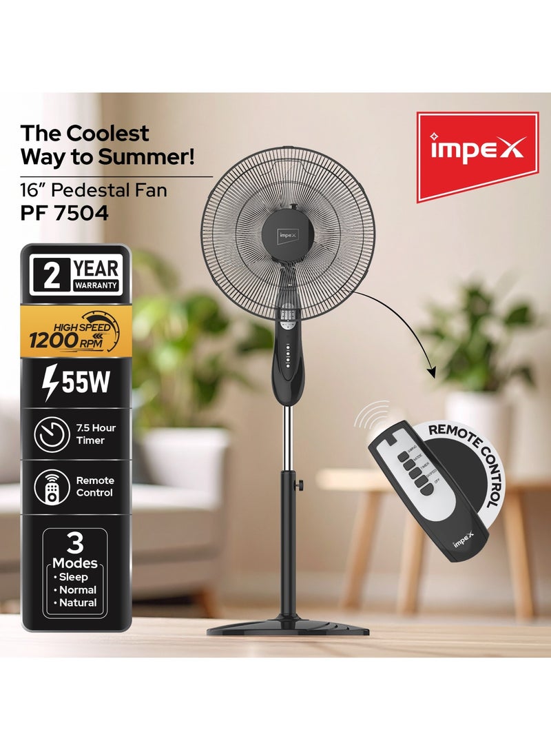 إمبكس Impex 16" Pedestal Fan with Remote (PF 7504) – 1200RPM, 3 Modes, 7.5H Timer, Powerful 55W Motor, Sturdy Body, 2-Year Warranty, 220-240V 55 W PF 7504 black  - Image 2
