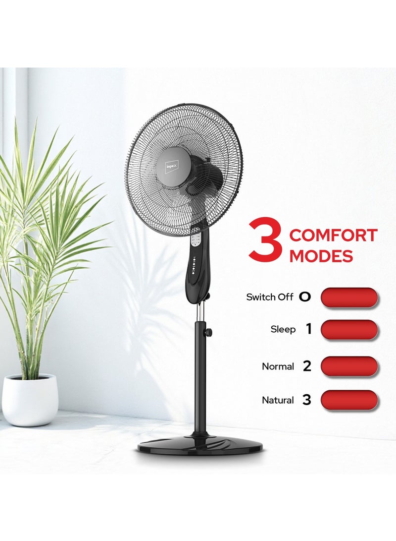 إمبكس Impex 16" Pedestal Fan with Remote (PF 7504) – 1200RPM, 3 Modes, 7.5H Timer, Powerful 55W Motor, Sturdy Body, 2-Year Warranty, 220-240V 55 W PF 7504 black  - Image 3