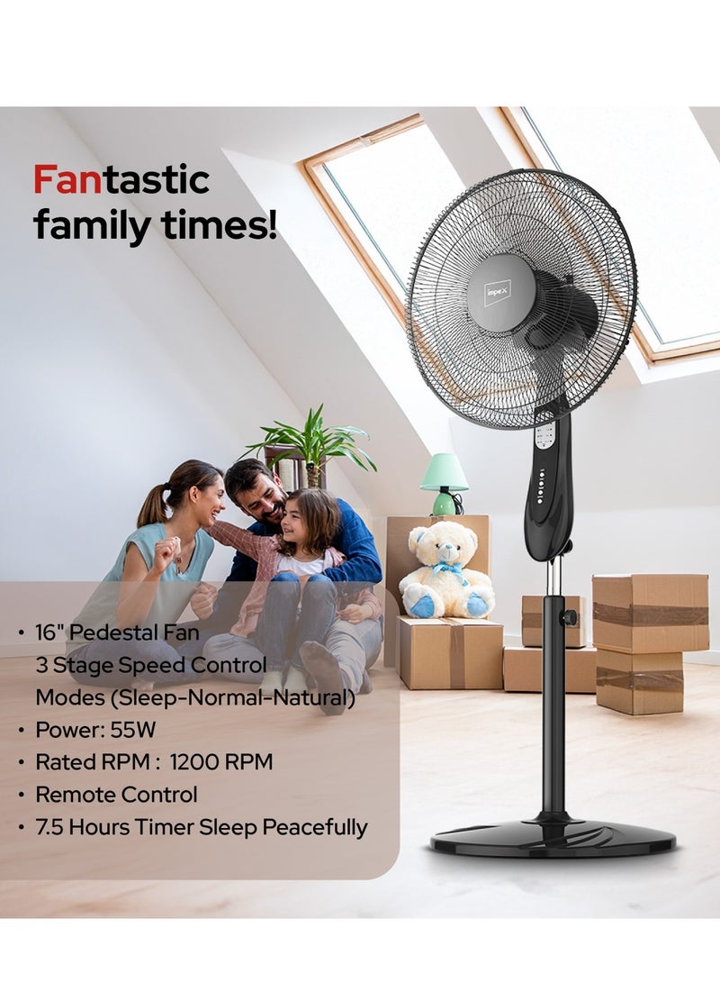 إمبكس Impex 16" Pedestal Fan with Remote (PF 7504) – 1200RPM, 3 Modes, 7.5H Timer, Powerful 55W Motor, Sturdy Body, 2-Year Warranty, 220-240V 55 W PF 7504 black  - Image 5
