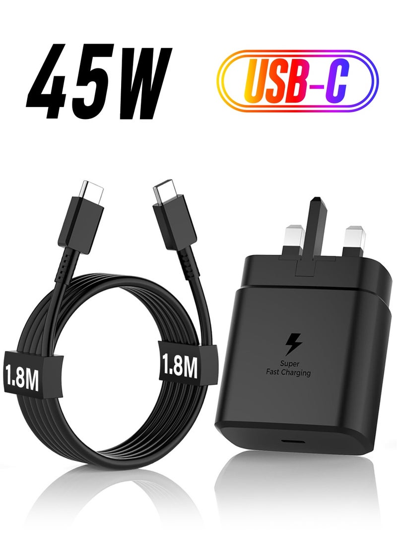 MARGOUN Adapter For Samsung 45W Super Fast Charger Type C for S24 Ultra, S23 Ultra, S22 Ultra, S21 Ultra, A55, A54, Z Flip5, Z Flip4, Z Fold5, Z Fold4, Tab S9 Ultra, S9, S8, S7, S6, A9, 5A Cable, Super PD 3.0 Charge / 1m Cable - Black  - Image 1