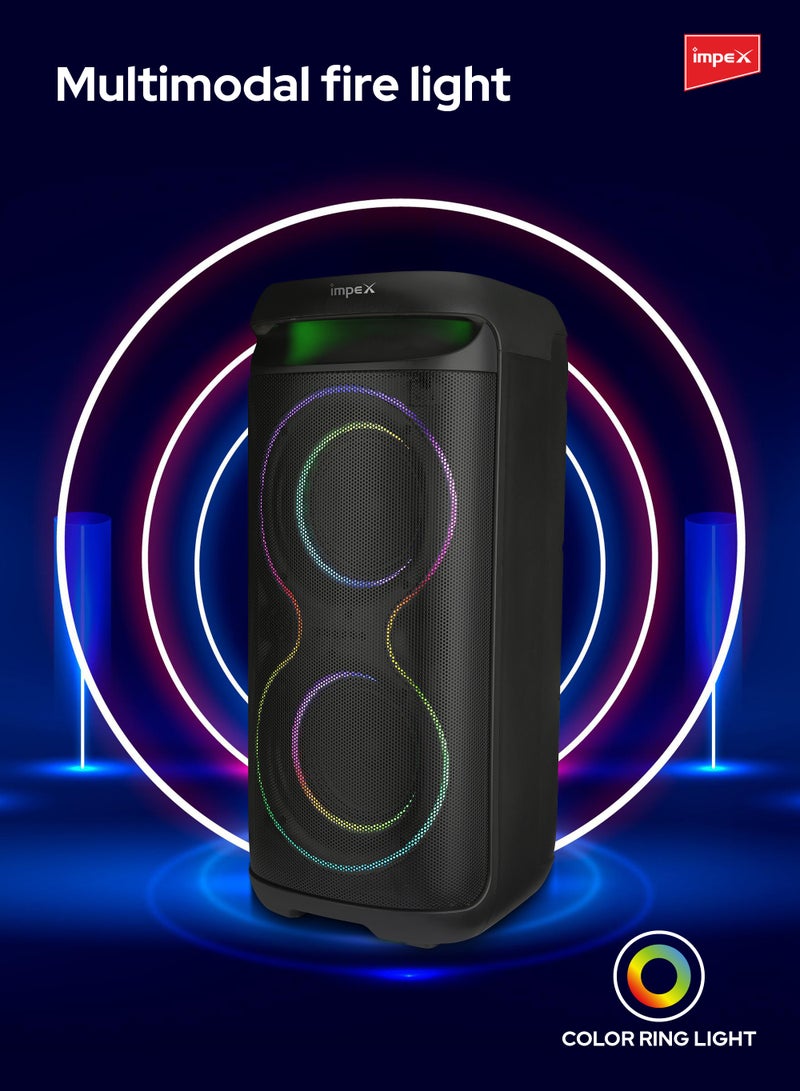 Impex 6.5" Multimedia Trolley Speaker | 4000W PMPO | Wireless Mic, Karaoke, Color Ring Light | Bluetooth/AUX/USB/TWS | 7.4V 3600mAh Battery | Dual 6.5" Speakers | TS 81 New Black  - Image 4