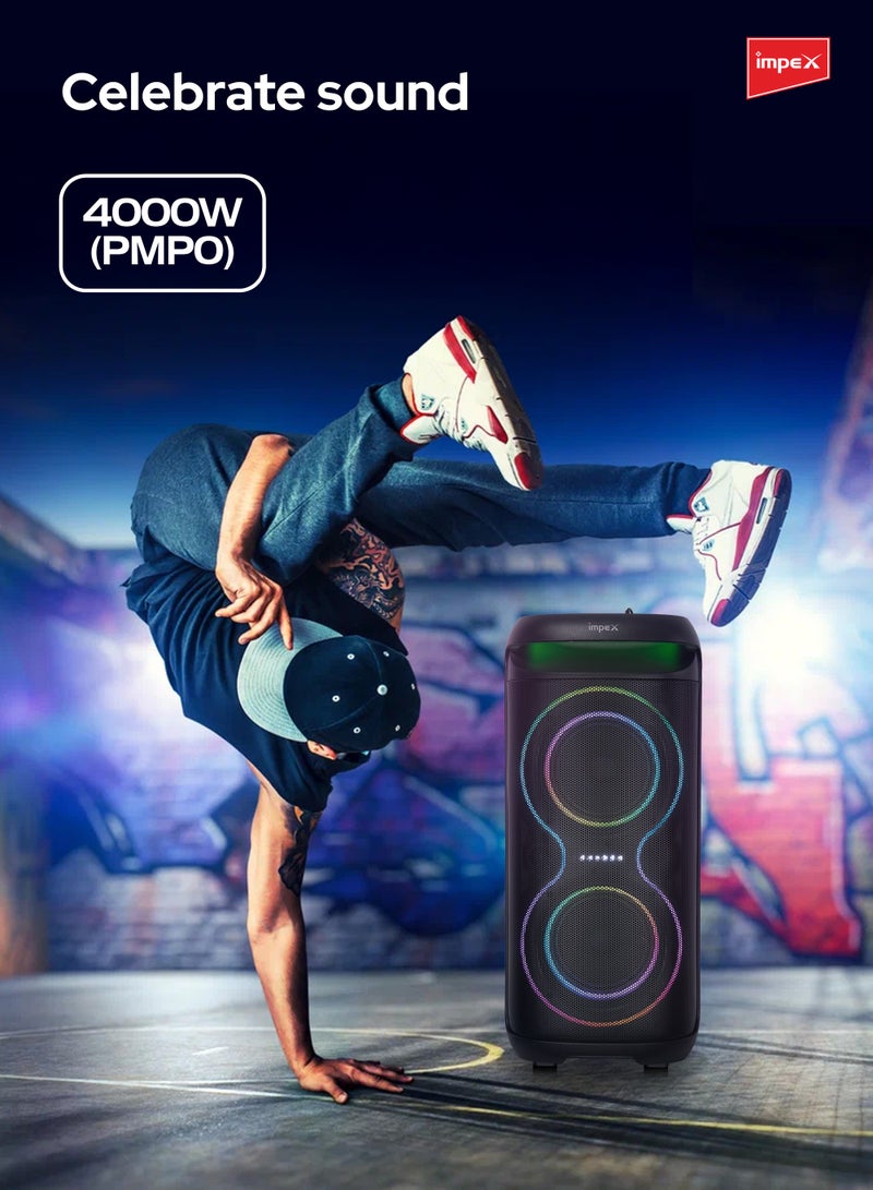 Impex 6.5" Multimedia Trolley Speaker | 4000W PMPO | Wireless Mic, Karaoke, Color Ring Light | Bluetooth/AUX/USB/TWS | 7.4V 3600mAh Battery | Dual 6.5" Speakers | TS 81 New Black  - Image 5