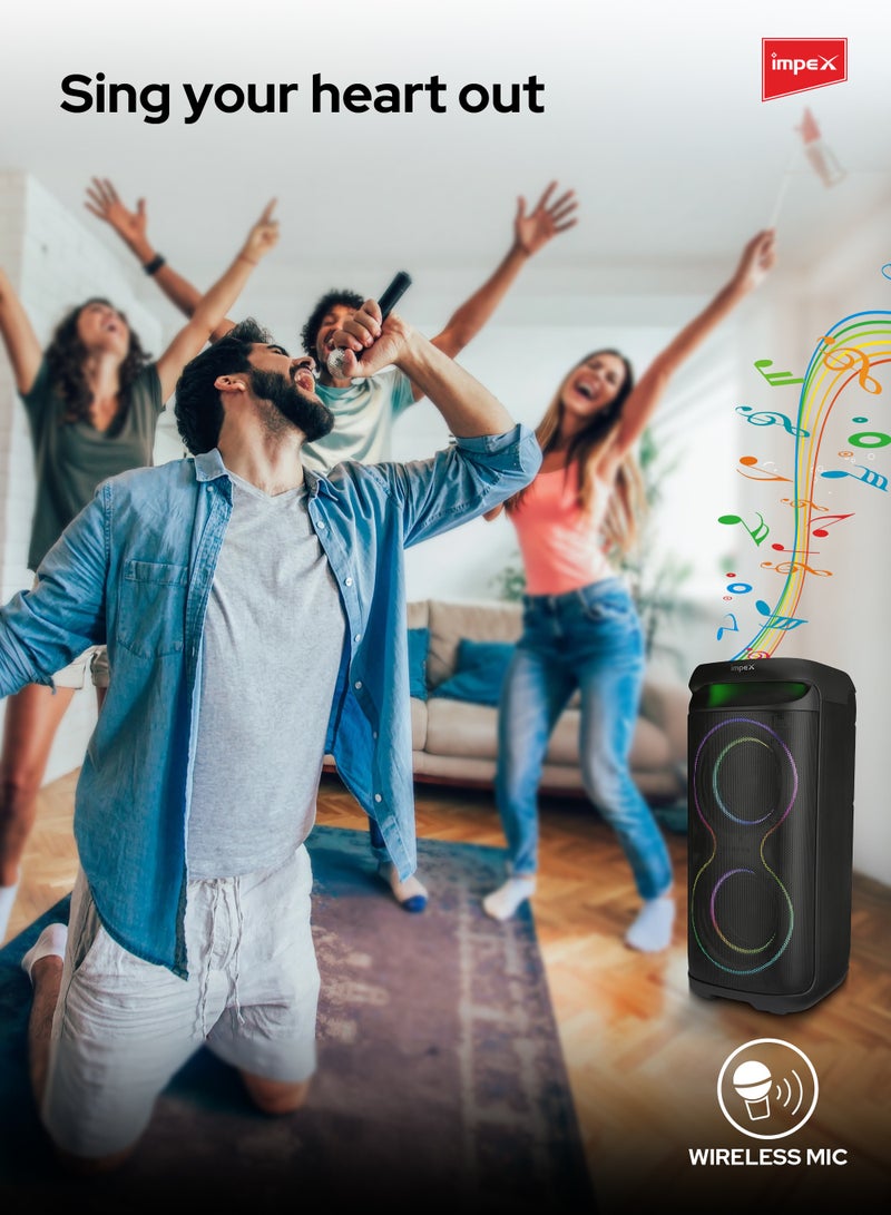 Impex 6.5" Multimedia Trolley Speaker | 4000W PMPO | Wireless Mic, Karaoke, Color Ring Light | Bluetooth/AUX/USB/TWS | 7.4V 3600mAh Battery | Dual 6.5" Speakers | TS 81 New Black  - Image 3