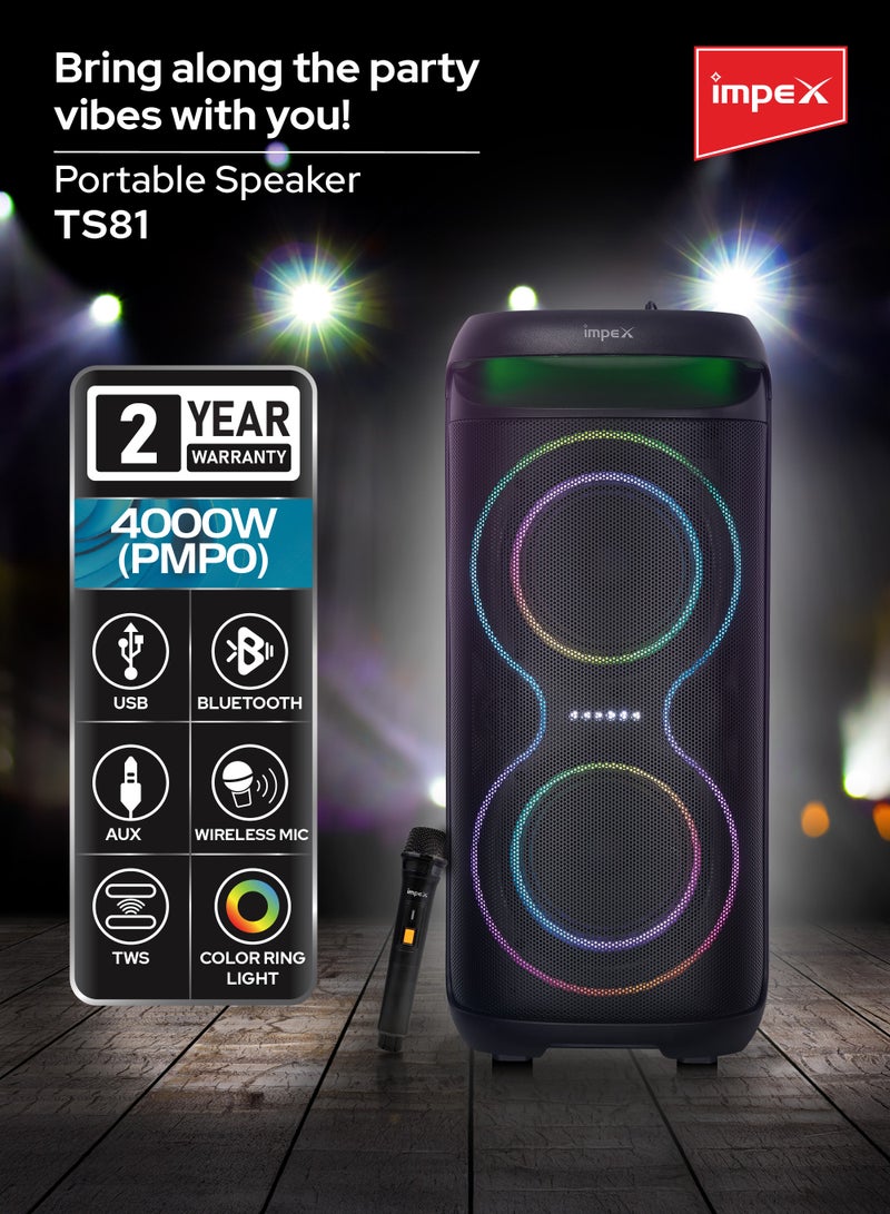 Impex 6.5" Multimedia Trolley Speaker | 4000W PMPO | Wireless Mic, Karaoke, Color Ring Light | Bluetooth/AUX/USB/TWS | 7.4V 3600mAh Battery | Dual 6.5" Speakers | TS 81 New Black  - Image 2