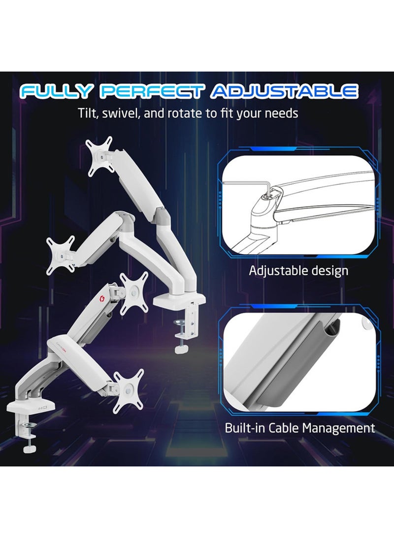 GO-5450 Dual Monitor Arm for Gaming and Office Use, Supports 17" - 32” Flat and Curved Screens, Each Arm Up to 2-9 KG, Toolless Tilt, Swivel, 360° Rotation, Built-in Cable Management White