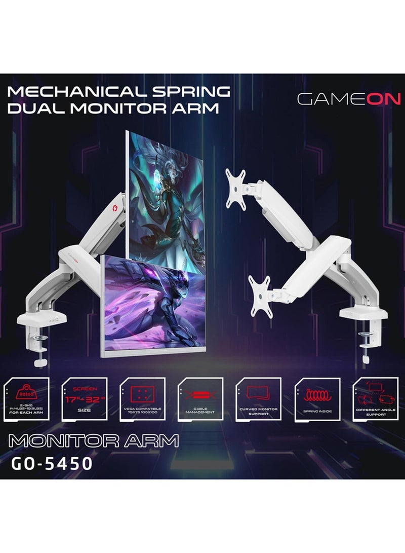 جايم أون GO-5450 Dual Monitor Arm for Gaming and Office Use, Supports 17" - 32” Flat and Curved Screens, Each Arm Up to 2-9 KG, Toolless Tilt, Swivel, 360° Rotation, Built-in Cable Management White  - Image 2
