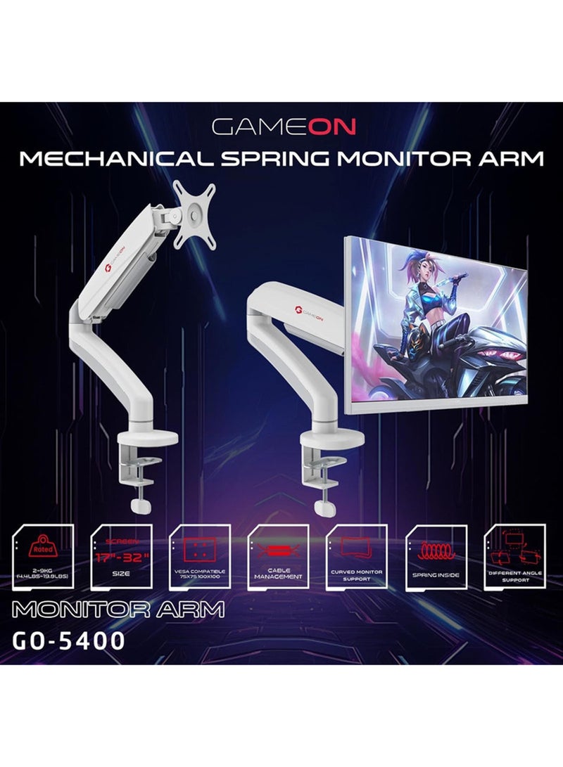 جايم أون GO-5400 Single Monitor Arm For Gaming And Office Use, Mechanical Spring Arm, Supports 17" - 32” Flat and Curved Screens, Arm Up To 2-9 KG, White  - Image 2