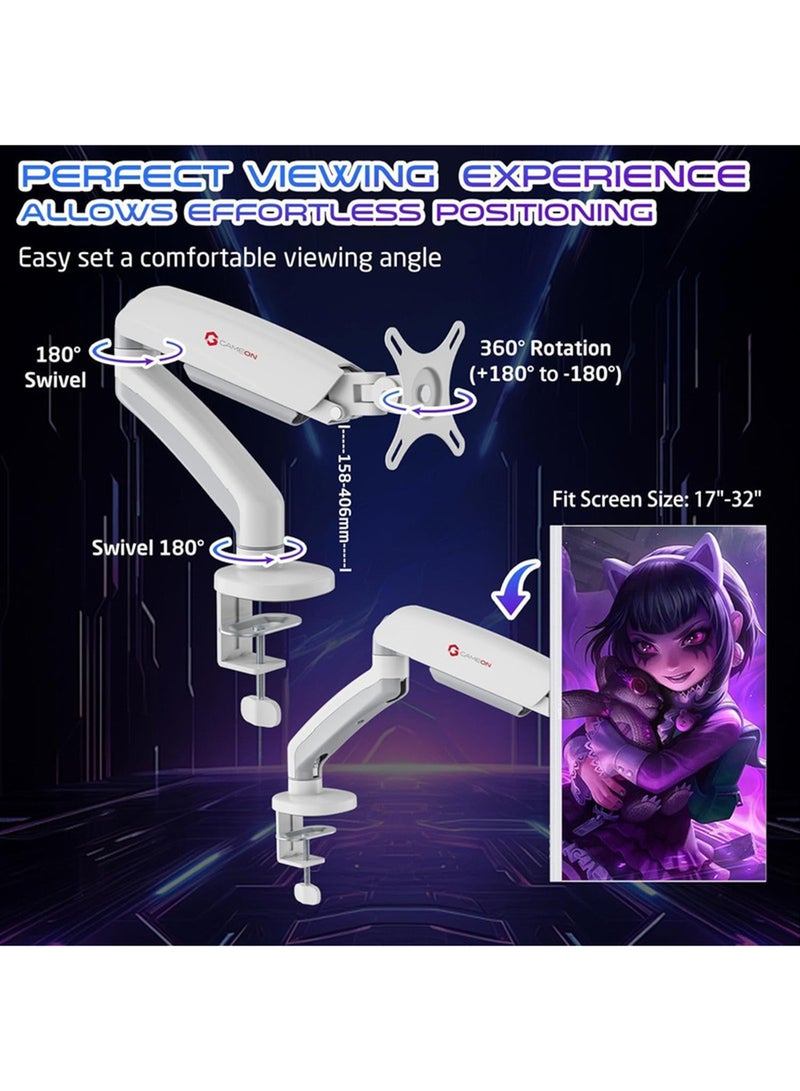جايم أون GO-5400 Single Monitor Arm For Gaming And Office Use, Mechanical Spring Arm, Supports 17" - 32” Flat and Curved Screens, Arm Up To 2-9 KG, White  - Image 3