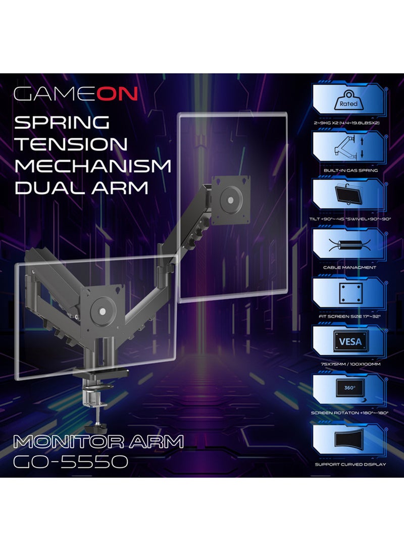 جايم أون GO-5550 Gas Mechanical Spring Double Monitor Arm For Gaming And Office Use, Tilt, Swivel, 360° Rotation, Built-in Cable Management Black  - Image 2