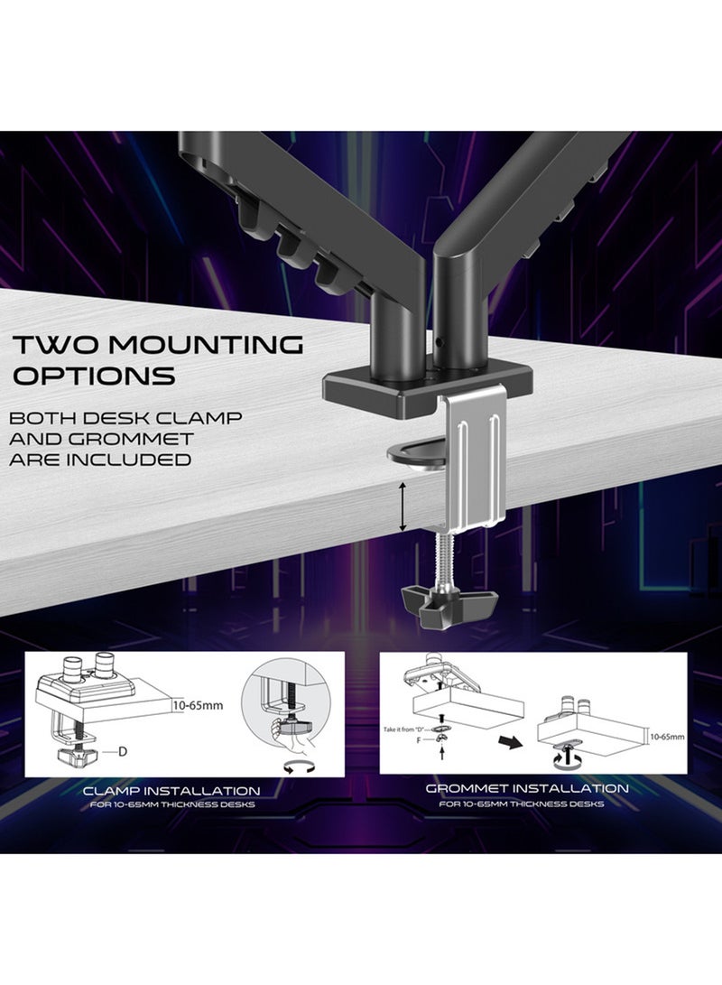 جايم أون GO-5550 Gas Mechanical Spring Double Monitor Arm For Gaming And Office Use, Tilt, Swivel, 360° Rotation, Built-in Cable Management Black  - Image 4