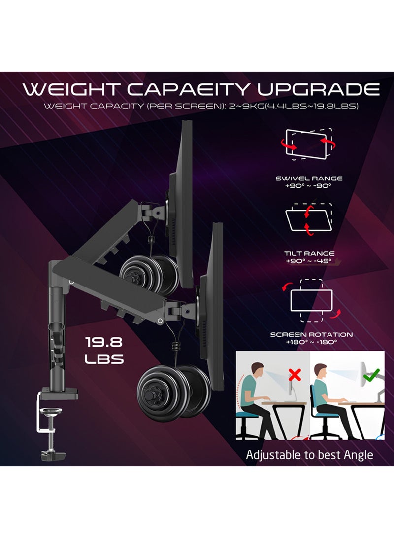 جايم أون GO-5550 Gas Mechanical Spring Double Monitor Arm For Gaming And Office Use, Tilt, Swivel, 360° Rotation, Built-in Cable Management Black  - Image 5