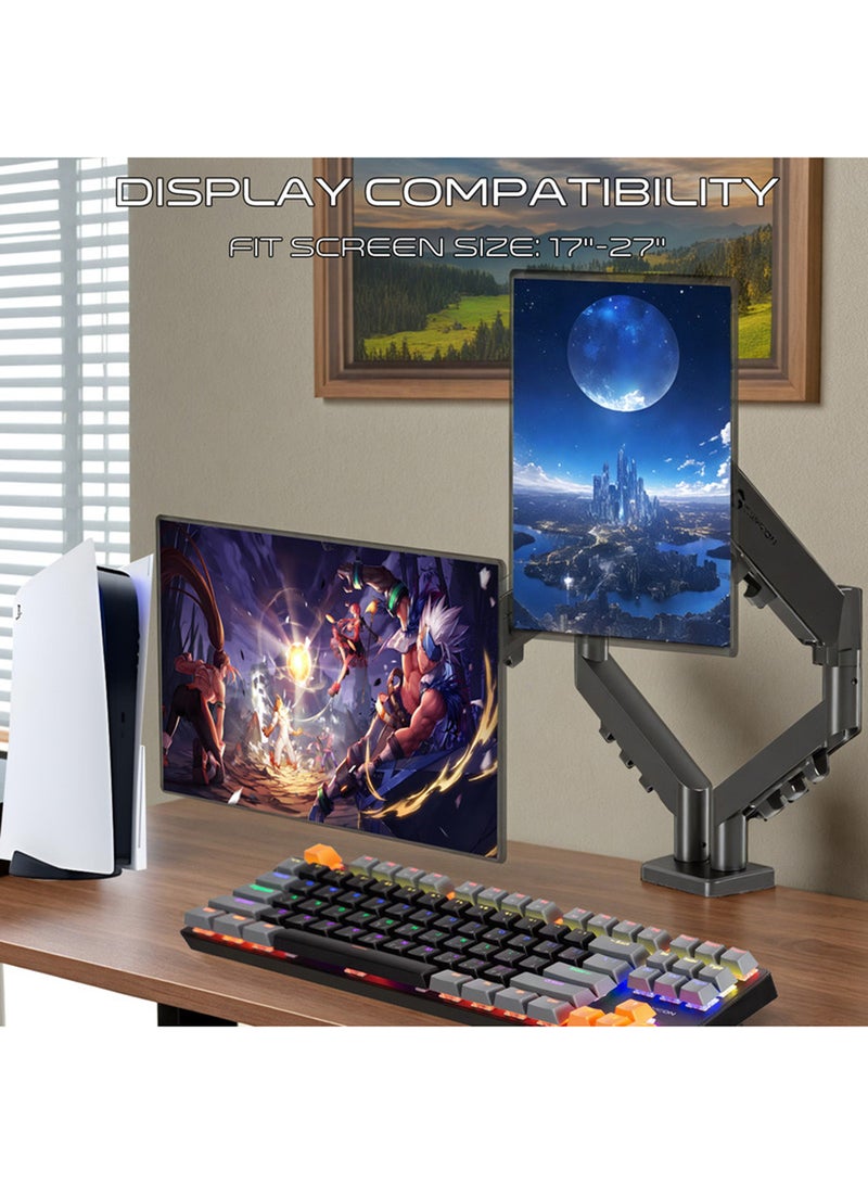 GO-5550 Gas Mechanical Spring Double Monitor Arm For Gaming And Office Use, Tilt, Swivel, 360° Rotation, Built-in Cable Management Black