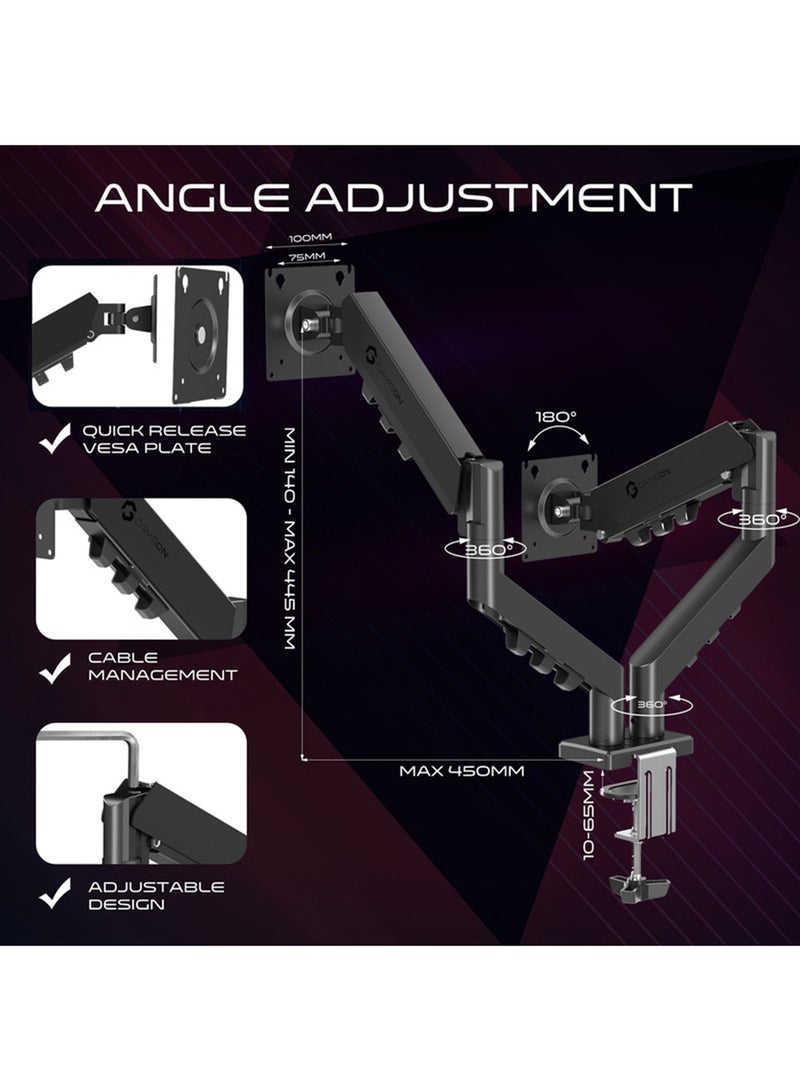 جايم أون GO-5550 Gas Mechanical Spring Double Monitor Arm For Gaming And Office Use, Tilt, Swivel, 360° Rotation, Built-in Cable Management Black  - Image 3