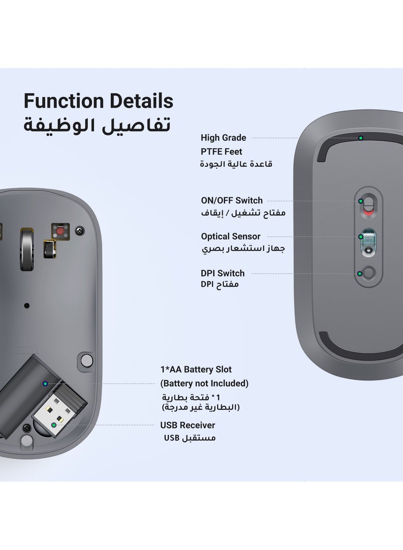 Wireless Mouse Silent Computer Mice Slim Noiseless Mouse for Laptop with 2.4G USB Adapter Ultrafast Scrolling Tablet Mouse 4 Adjustable DPI for PC HP Lenovo | Grey