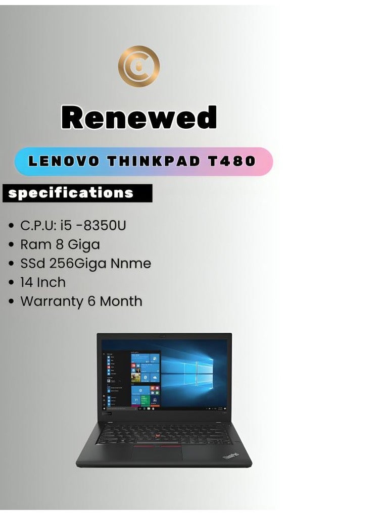 Lenovo Renewed ThinkPad T480 – Intel Core i5-8350U – 8GB RAM – 256GB SSD – 14" FHD – Business Laptop – Quad Core English/Arabic black - Image 1
