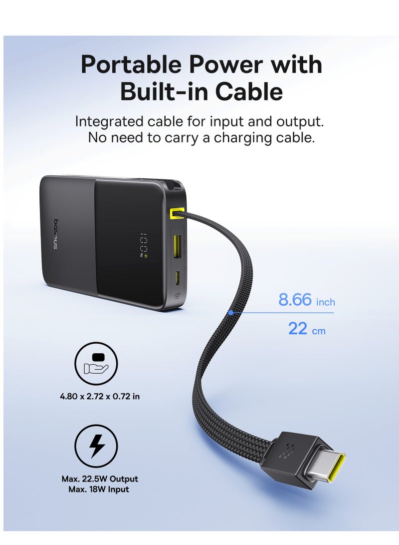 بيسوس 10000 mAh Slim Power Bank With 22.5W USB-C PD And QC 3.0 Fast Charging, Built-in Braided Nylon USB-C Cable, LED Digital Display, Compact And Lightweight Portable Charger For iPhone 16/15/14 Series, iPad, Samsung Galaxy S25/S24/S23, Android Devices, Airline Approved - EnerFill FC51-Black - Image 3