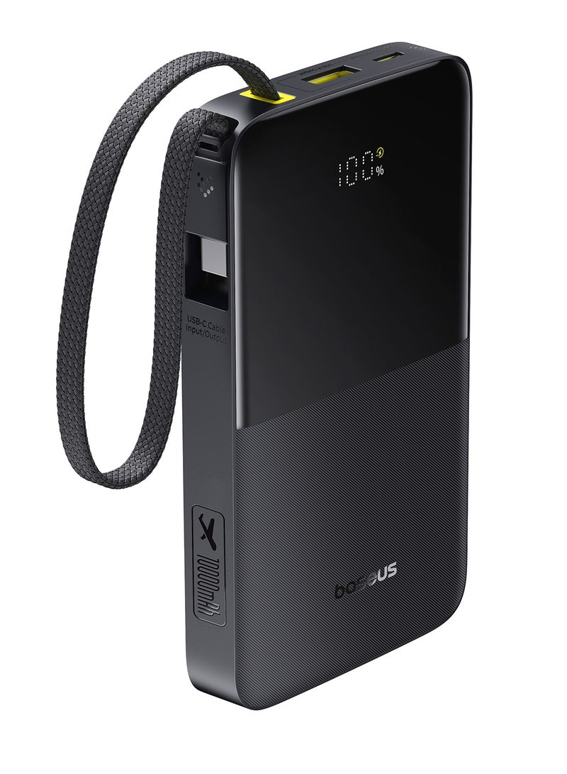 بيسوس 10000 mAh Slim Power Bank With 22.5W USB-C PD And QC 3.0 Fast Charging, Built-in Braided Nylon USB-C Cable, LED Digital Display, Compact And Lightweight Portable Charger For iPhone 16/15/14 Series, iPad, Samsung Galaxy S25/S24/S23, Android Devices, Airline Approved - EnerFill FC51-Black - Image 1