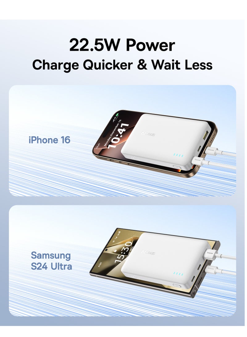 Baseus Portable Slim Power Bank – 22.5W USB-C PD Fast Charging With LED Light Indicator, Dual USB-C And USB-A Outputs, Lightweight And Airline-Approved, Compatible With iPhone, Samsung, Xiaomi, Realme, Huawei, iPad, Pixel And More – QC/PD Protocols, Compact Travel Battery Backup - 10000mAh Power Bank- White - Image 4