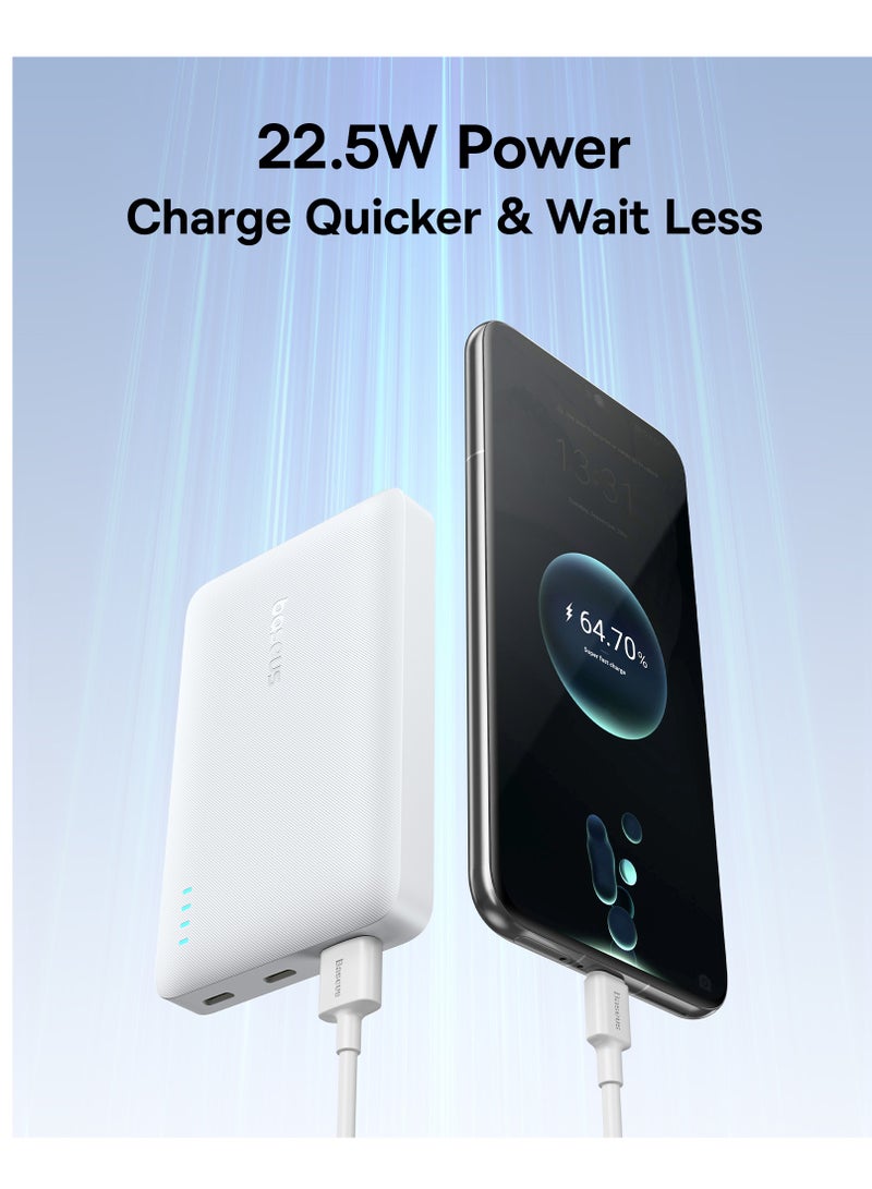 Baseus Portable Slim Power Bank – 22.5W USB-C PD Fast Charging With LED Light Indicator, Dual USB-C And USB-A Outputs, Lightweight And Airline-Approved, Compatible With iPhone, Samsung, Xiaomi, Realme, Huawei, iPad, Pixel And More – QC/PD Protocols, Compact Travel Battery Backup - 10000mAh Power Bank- White - Image 3
