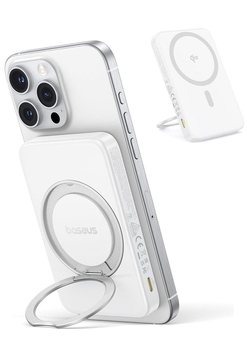 Baseus 5000 mAh Wireless Power Bank – 20W Ultra-Slim MagSafe Battery Pack With USB-C Cable, 15W Qi2 Certified Magnetic Fast Charger For iPhone 16/15/14/13/12, Portable Charger With 360° Rotating Ring Stand, High-Speed Charging For MagSafe And Qi Wireless Devices - 5000mAh Wireless Power Bank- White  - Image 1