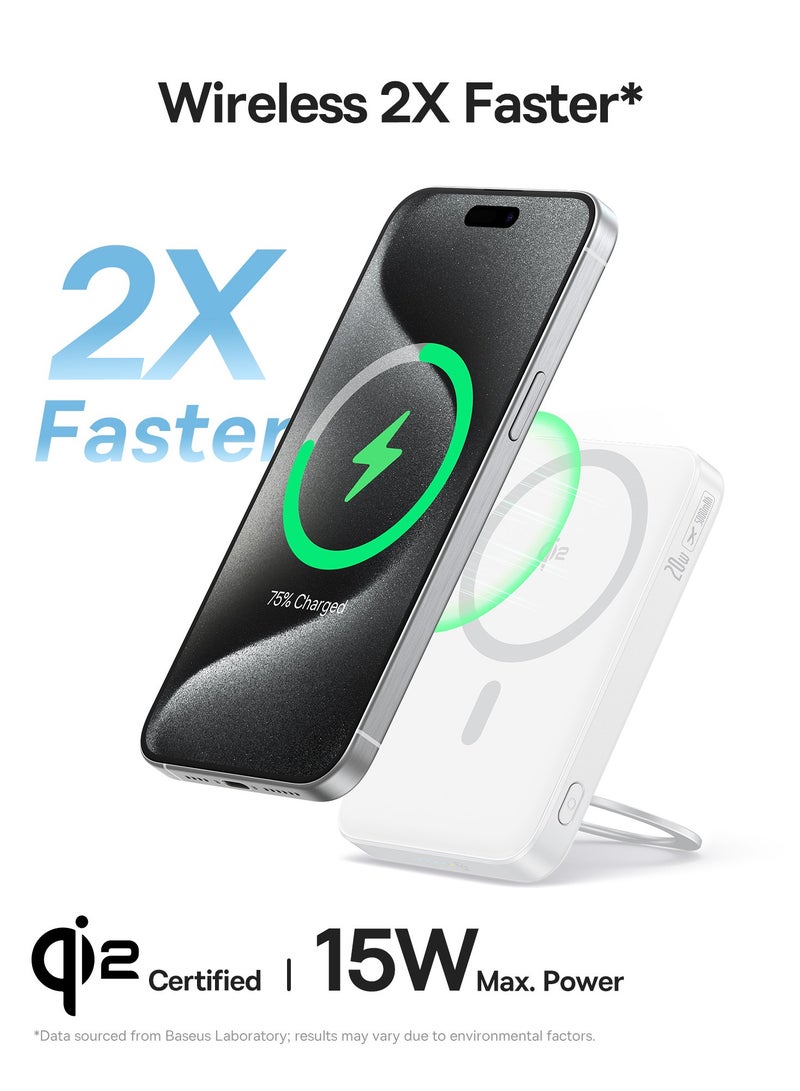 Baseus 5000 mAh Wireless Power Bank – 20W Ultra-Slim MagSafe Battery Pack With USB-C Cable, 15W Qi2 Certified Magnetic Fast Charger For iPhone 16/15/14/13/12, Portable Charger With 360° Rotating Ring Stand, High-Speed Charging For MagSafe And Qi Wireless Devices - 5000mAh Wireless Power Bank- White  - Image 2
