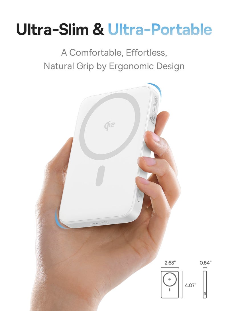 Baseus 5000 mAh Wireless Power Bank – 20W Ultra-Slim MagSafe Battery Pack With USB-C Cable, 15W Qi2 Certified Magnetic Fast Charger For iPhone 16/15/14/13/12, Portable Charger With 360° Rotating Ring Stand, High-Speed Charging For MagSafe And Qi Wireless Devices - 5000mAh Wireless Power Bank- White  - Image 3