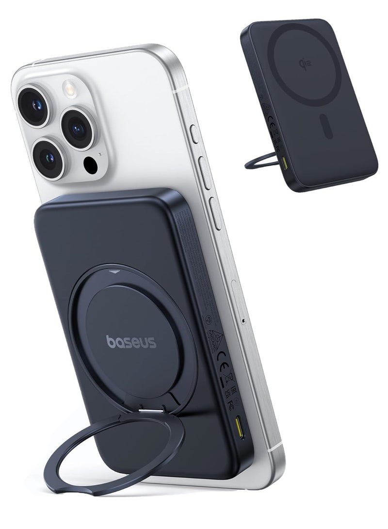 Baseus 5000 mAh Wireless Power Bank – 20W Ultra-Slim MagSafe Battery Pack With USB-C Cable, 15W Qi2 Certified Magnetic Fast Charger For iPhone 16/15/14/13/12, Portable Charger With 360° Rotating Ring Stand, High-Speed Charging For MagSafe And Qi Wireless Devices - 5000mAh Wireless Power Bank- Black  - Image 1