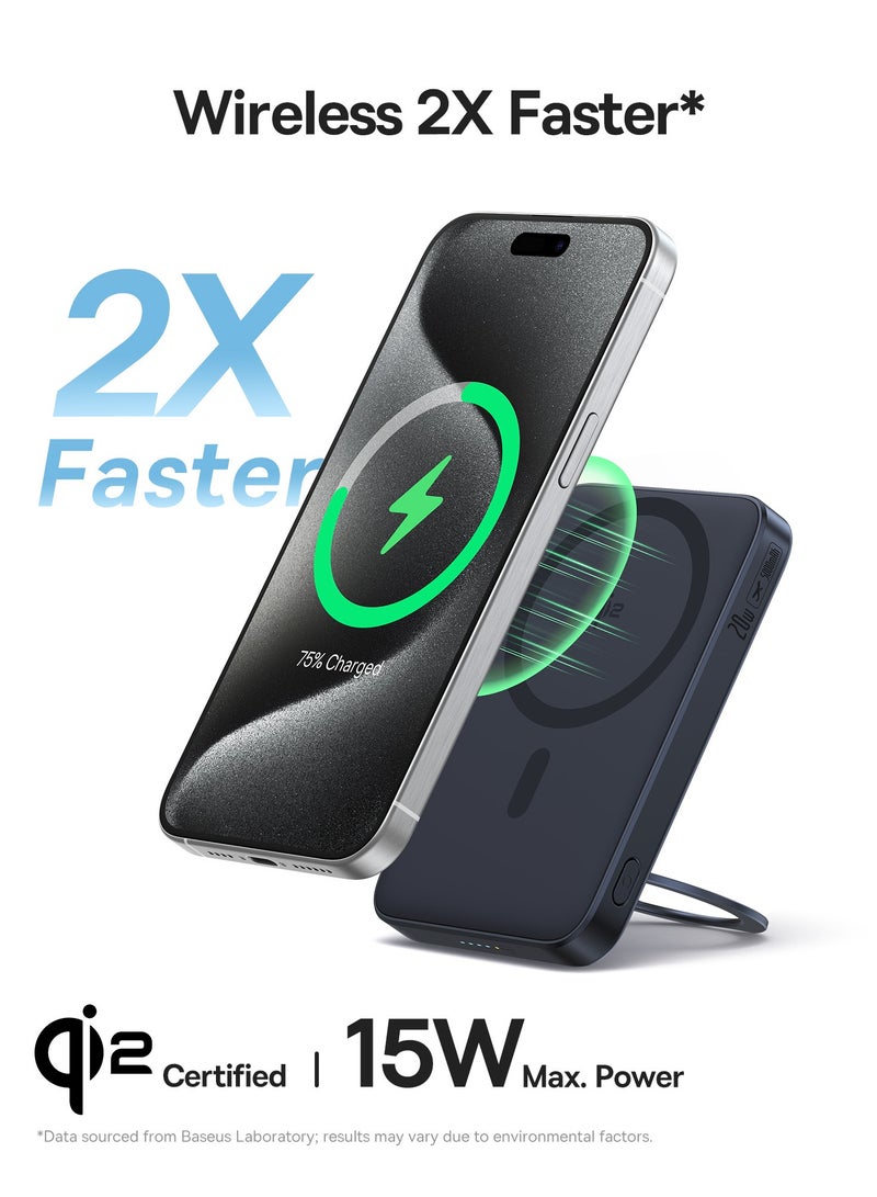 Baseus 5000 mAh Wireless Power Bank – 20W Ultra-Slim MagSafe Battery Pack With USB-C Cable, 15W Qi2 Certified Magnetic Fast Charger For iPhone 16/15/14/13/12, Portable Charger With 360° Rotating Ring Stand, High-Speed Charging For MagSafe And Qi Wireless Devices - 5000mAh Wireless Power Bank- Black  - Image 2