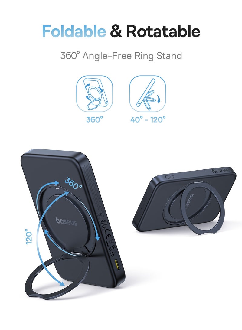 Baseus 5000 mAh Wireless Power Bank – 20W Ultra-Slim MagSafe Battery Pack With USB-C Cable, 15W Qi2 Certified Magnetic Fast Charger For iPhone 16/15/14/13/12, Portable Charger With 360° Rotating Ring Stand, High-Speed Charging For MagSafe And Qi Wireless Devices - 5000mAh Wireless Power Bank- Black  - Image 4