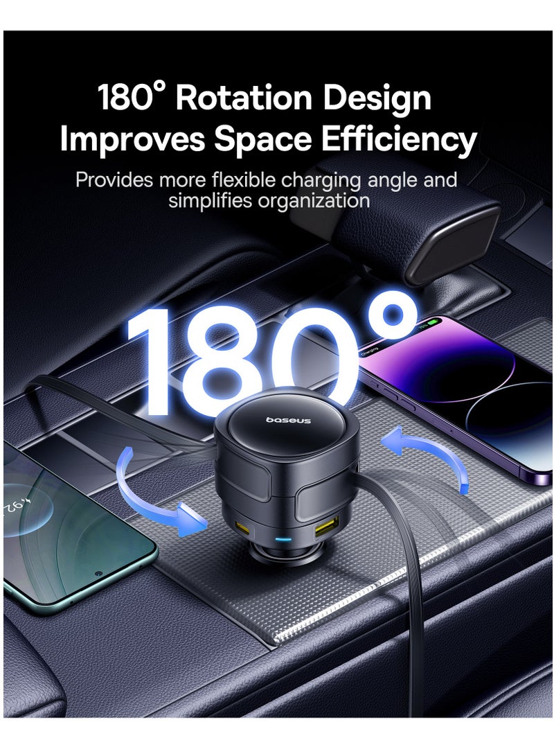 بيسوس 90W 4-in-1 Car Charger With Built-in Retractable Fast Charging USB-C And Lightning Cables – 180° Vertical Rotation, PD A QC 3.0 Car Charging Adapter With Dual USB-C, Lightning And USB-A Outputs – Compatible With iPhone 16/15/14 Pro Max, Samsung S25 Ultra, Android, iPad, Tablets And More Devices - 90W- Black  - Image 3