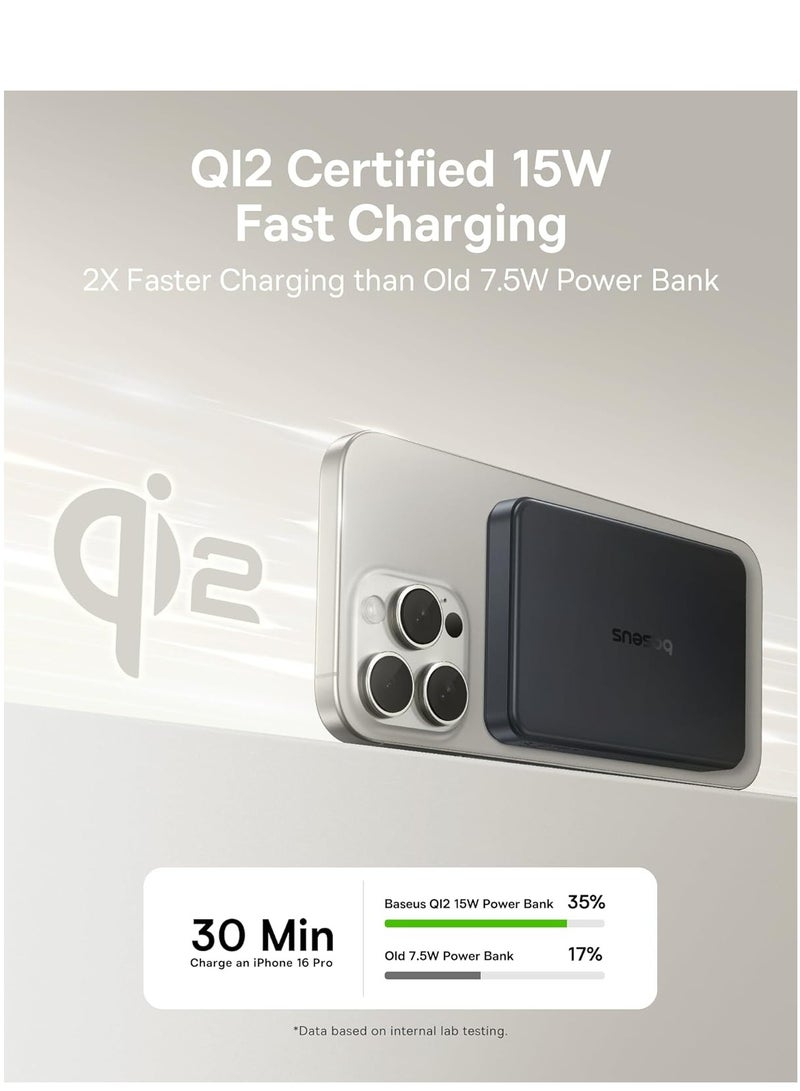 Baseus 10000 mAh MagSafe Power Bank – Qi2 Certified Magnetic Wireless Power Bank With 15W Fast Charging, 22.5W USB-A And 20W USB-C PD Output, Compact Battery Pack For iPhone 12/13/14/15/16 Series, Samsung And More, Mobile Phone Charger, 2024 Version, Airline Approved - 10000mAh Airpow2 Qi2- Black  - Image 2