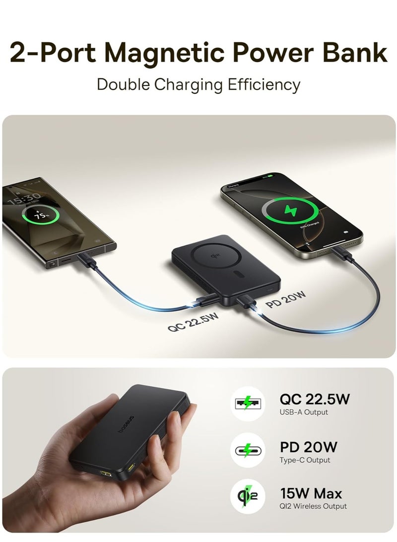 Baseus 10000 mAh MagSafe Power Bank – Qi2 Certified Magnetic Wireless Power Bank With 15W Fast Charging, 22.5W USB-A And 20W USB-C PD Output, Compact Battery Pack For iPhone 12/13/14/15/16 Series, Samsung And More, Mobile Phone Charger, 2024 Version, Airline Approved - 10000mAh Airpow2 Qi2- Black  - Image 3