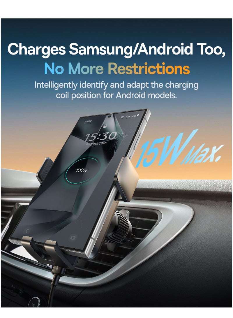 Baseus Wireless Car Charger Phone Mount And Car Holder – 15W Qi Fast Charging Auto Clamping Car Charger With Air Vent Phone Holder, One-Hand Operation And 360° Rotation, Wireless Car Charger Mount Compatible With iPhone 16/15/14/13/12 Series, Samsung Galaxy S25/S24/S23 Ultra/S22 And All Qi-Enabled Smartphones - 15W Wireless Car Charger and Holder- Black - Image 3