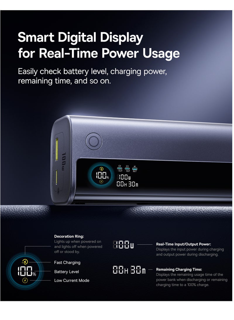 10000 mAh 100W Laptop Power Bank Portable Fast Charging Battery Pack with Built-in Retractable USB-C Cable, 3-Port PD USB-C And USB-A Output, Smart LED Display, High-Capacity External Charger Compatible With MacBook, Dell, HP, iPhone 16-12 Series, Samsung S25 Ultra, iPad, AirPods, Tablets, Smartphones - 10000mAh- Space Grey