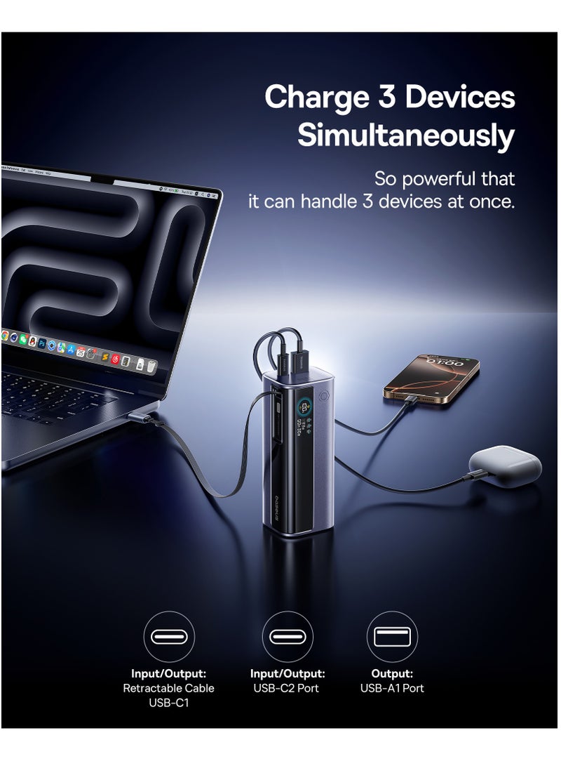 10000 mAh 100W Laptop Power Bank Portable Fast Charging Battery Pack with Built-in Retractable USB-C Cable, 3-Port PD USB-C And USB-A Output, Smart LED Display, High-Capacity External Charger Compatible With MacBook, Dell, HP, iPhone 16-12 Series, Samsung S25 Ultra, iPad, AirPods, Tablets, Smartphones - 10000mAh- Space Grey