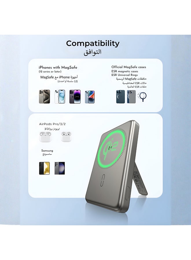 ESR 5000 mAh for MagSafe Power Bank, Kickstand 5,000mAh MagSafe Portable Charger 0.6 in, Qi2 Certified 15W Ultra-Fast Battery Pack, 20W USB-C MagSlim Charger with Cable for iPhone 17/16/15/14/13/12, Titanium Titanium - Image 2