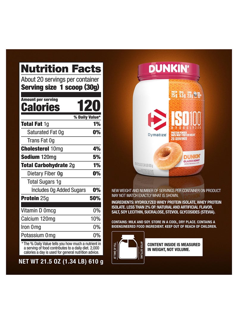 Dymatize Dymatize x Dunkin' Glazed Donut ISO100 Whey Protein Powder, 25g of Protein, 20 Servings, 5.5g BCAAs, 120 Cal., Gluten Free, 1g Fat, 1g Sugar, 2g Carb - Image 2