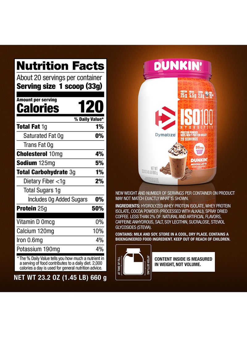 Dymatize Dymatize x Dunkin' Mocha Latte ISO100 Whey Protein Powder, 95mg Caffeine, 25g of Protein, 20 Servings, 5.5g BCAAs, 120 Cal., Gluten Free, 1g Fat, 1g Sugar, 3g Carb - Image 5