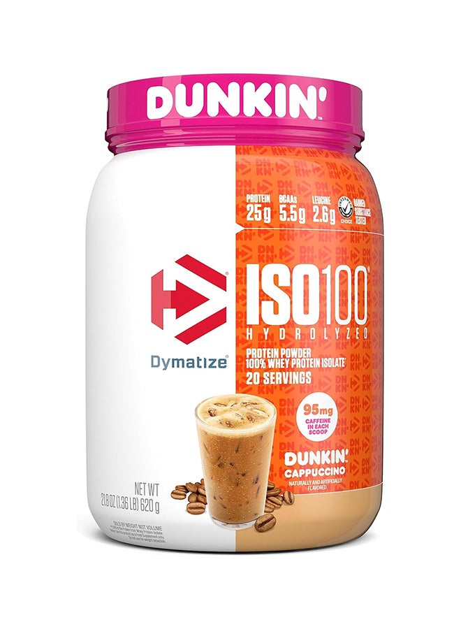 Dymatize x Dunkin' Cappuccino ISO100 Whey Protein Powder, 95mg Caffeine, 25g of Protein, 20 Servings, 5.5g BCAAs, 120 Cal., Gluten Free, 1g Fat, 1g Sugar, 2g Carb - Image 1