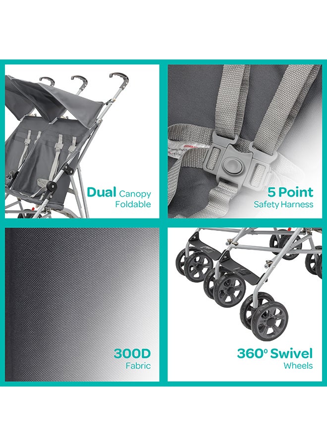 Moon Jet Plus  Twin Buggy Lightweight Travel strollers -Umbrella Fold- up to 30Kg, 6m+ - Dark Grey  - Image 3