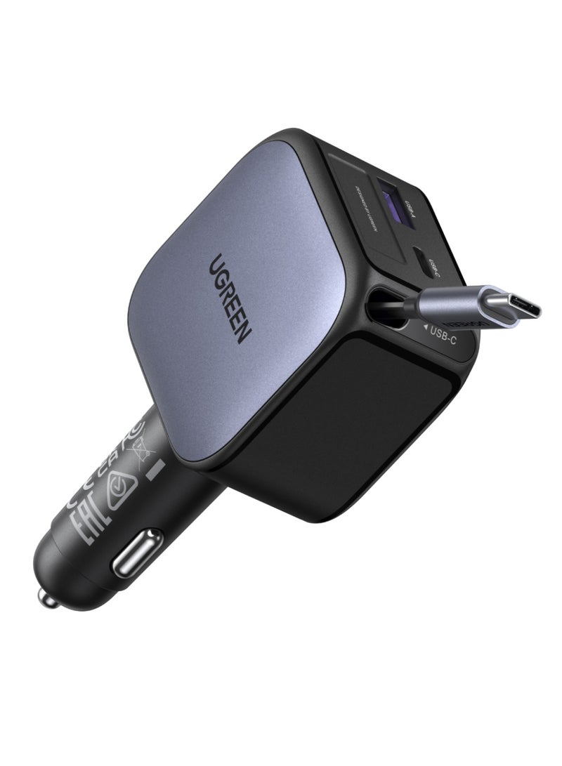 Ugreen Car Charger Retractable 60W Built-in 0.7 M Type C Cable 2C1A Car Adapter Fast Charging PC V0 Anti-fire Material For Safe Charging Compatible With iPhone iPad Samsung Galaxy Airpods Earbuds Apple Watch silver  - Image 1