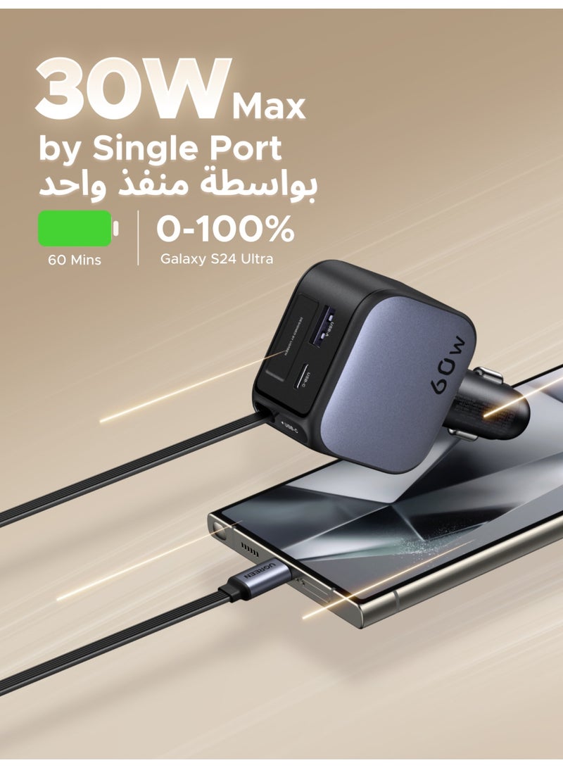 Ugreen Car Charger Retractable 60W Built-in 0.7 M Type C Cable 2C1A Car Adapter Fast Charging PC V0 Anti-fire Material For Safe Charging Compatible With iPhone iPad Samsung Galaxy Airpods Earbuds Apple Watch silver  - Image 3
