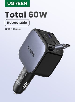 Car Charger Retractable 60W Built-in M Type C Cable 2C1A Car Adapter  Fast Charging PC V0 Anti-fire Material For Safe Charging Compatible With