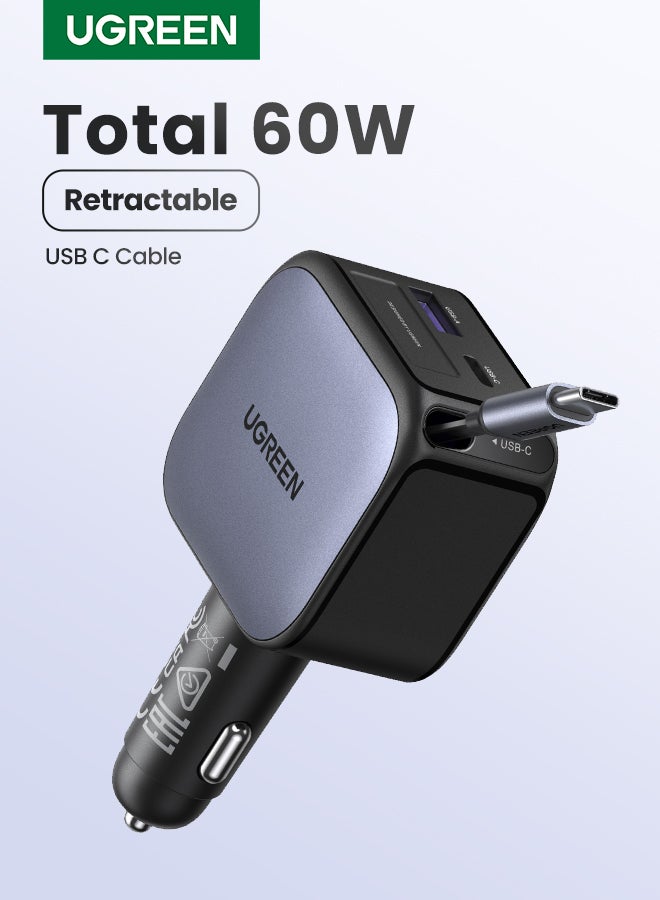 Ugreen Car Charger Retractable 60W Built-in 0.7 M Type C Cable 2C1A Car Adapter Fast Charging PC V0 Anti-fire Material For Safe Charging Compatible With iPhone iPad Samsung Galaxy Airpods Earbuds Apple Watch Silver  - Image 1