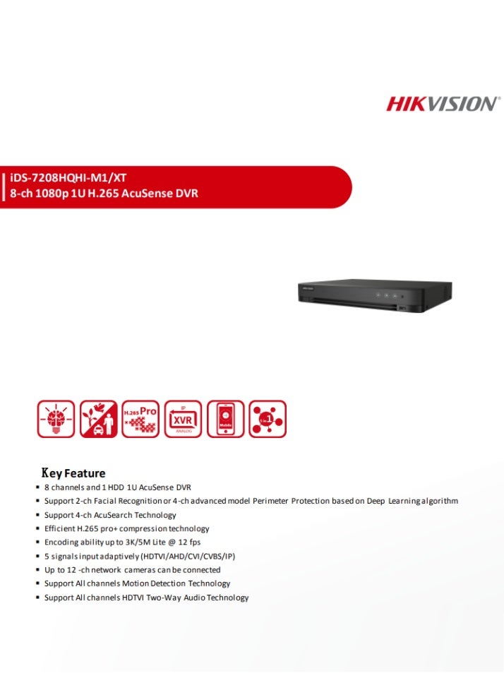 HIKVISION iDS-7208HQHI-M1/XT 8CH 5MP Lite AcuSense Turbo HD DVR, H.265 Pro+ Compression, 1U  - Image 4