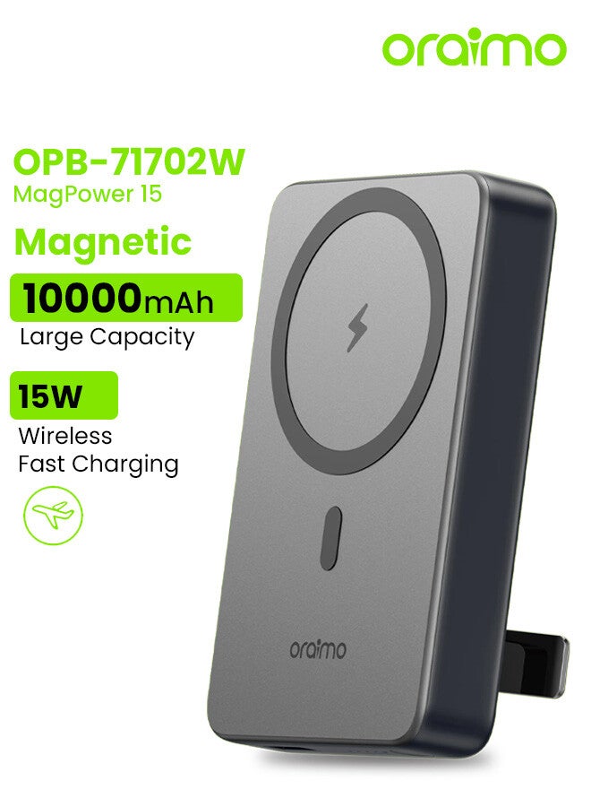 Oraimo OPB-7102W Magnetic Power Bank, 15W Wireless Portable Charger, Magsafe Battery Pack PD 22.5W Wired Charging, Metal Foldable Stand Design, Magsafe Charger For iPhone Series, Samsung, Xiaomi - Black - Image 1