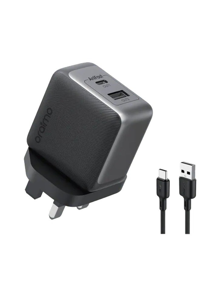 Oraimo Wall Charger PowerGaN 33 Pro USB-C and USB Ports 33W With Cable USB To USB-C - Black - Image 1
